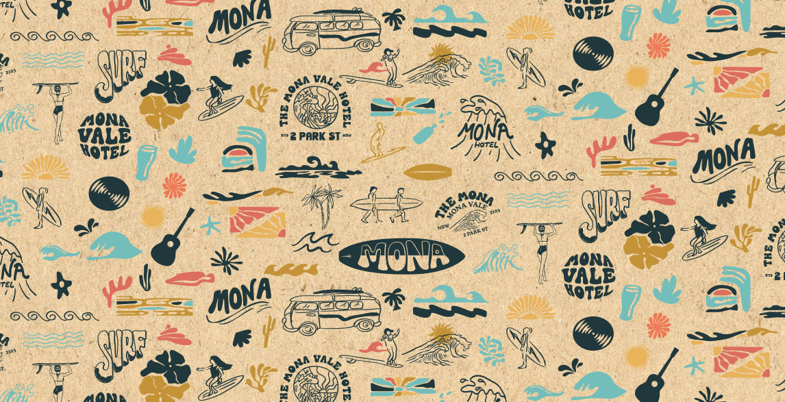 compilation of logos and branding for the mona hotel in mona vale